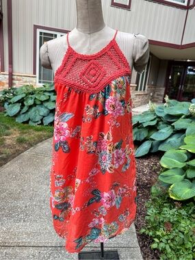 Coral Floral Crochet Yoke Sundress
